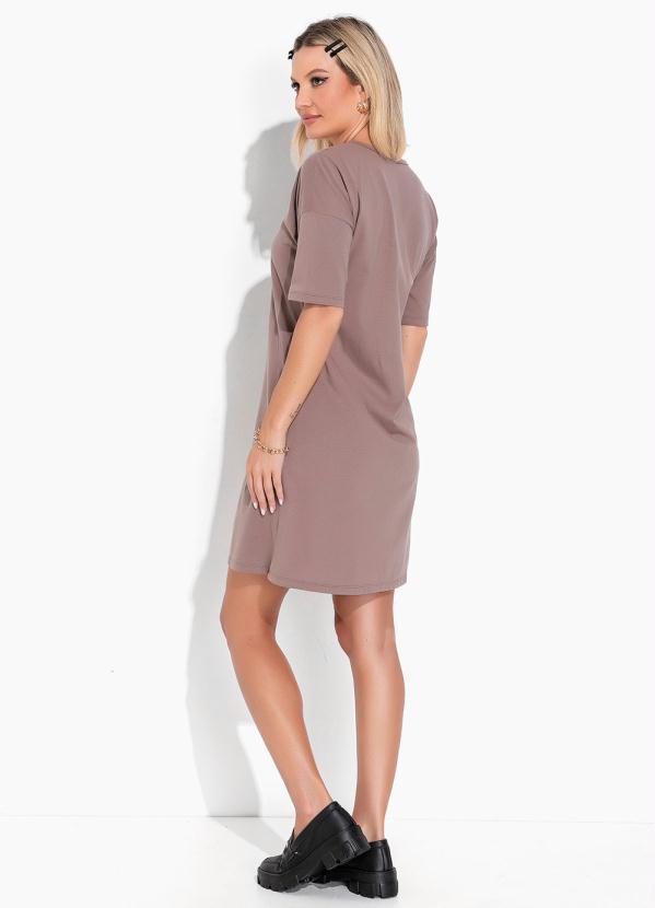 Moda Pop - Vestido MarromCom Cava Deslocada e Mangas Curtas 4