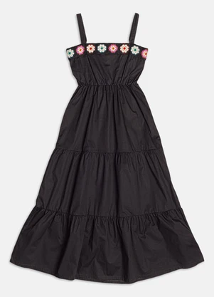 Authoria - Vestido Midi com Flores em Crochê  Preto - AUTHORIA