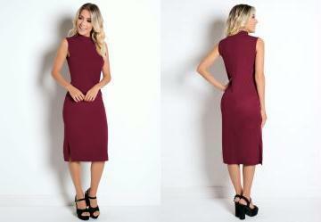 Vestido Midi com Gola Alta e Fenda Bord