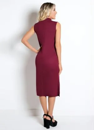 Moda Pop - Vestido Midi com Gola Alta e Fenda Bordô - MODA POP