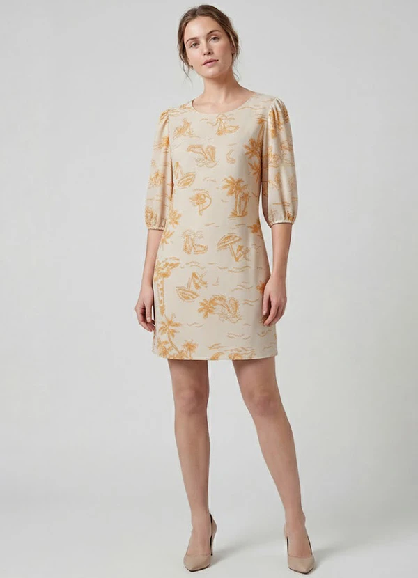 Infinita Cor - Vestido Midi com Manga Flare 3/4 Bege 2