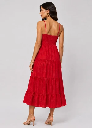 Rovitex - Vestido Midi de Alça com Bordado Vermelho - ROVITEX
