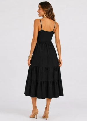 Rovitex - Vestido Midi Feminino de Alça em Viscose Preto - ROVITEX