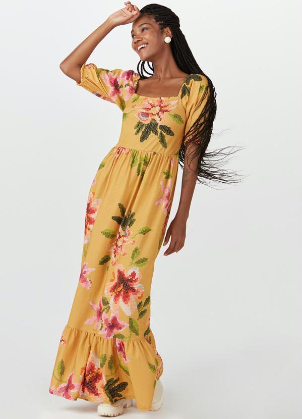 Malwee - Vestido Midi Floral Ombro a Ombro Amarelo