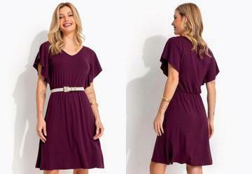 Vestido Midi Soltinho Roxo em Malha de Viscose com Manga Babado