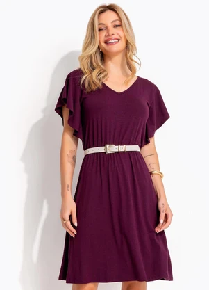 Quintess - Vestido Midi Soltinho Roxo em Malha de Viscose com Manga Babado - QUINTESS