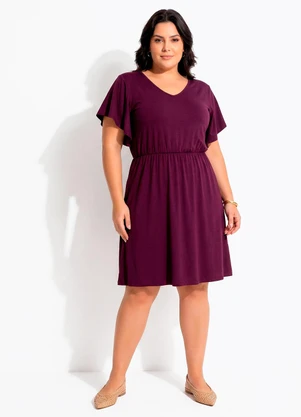 Quintess - Vestido Midi Soltinho Roxo em Malha de Viscose com Manga Babado - QUINTESS