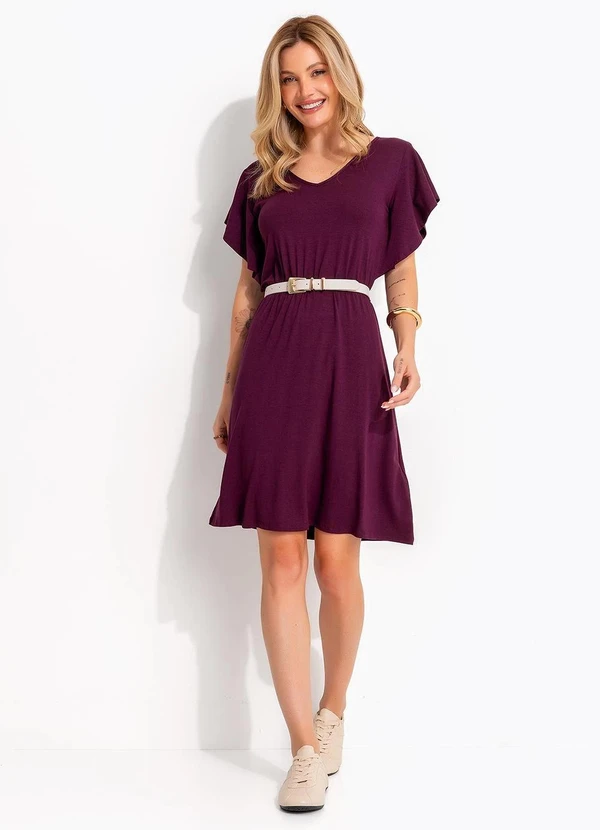 Quintess - Vestido Midi Soltinho Roxo em Malha de Viscose com Manga Babado 3