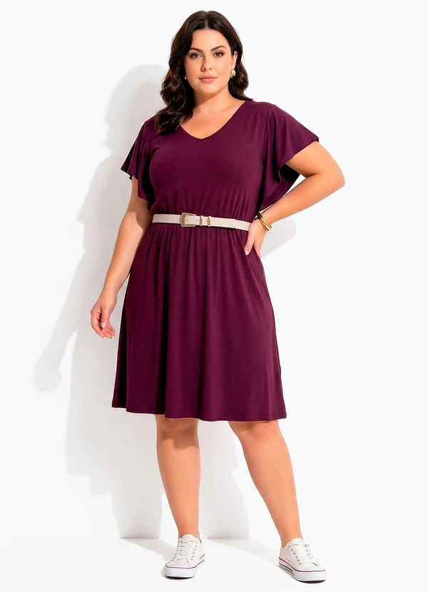 Quintess - Vestido Midi Soltinho Roxo em Malha de Viscose com Manga Babado 7