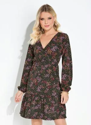 Moda Pop - Vestido Mini Floral com Mangas Longas e Babados - MODA POP