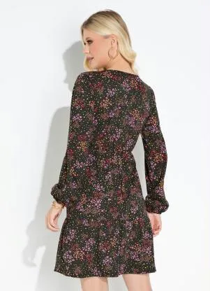Moda Pop - Vestido Mini Floral com Mangas Longas e Babados - MODA POP