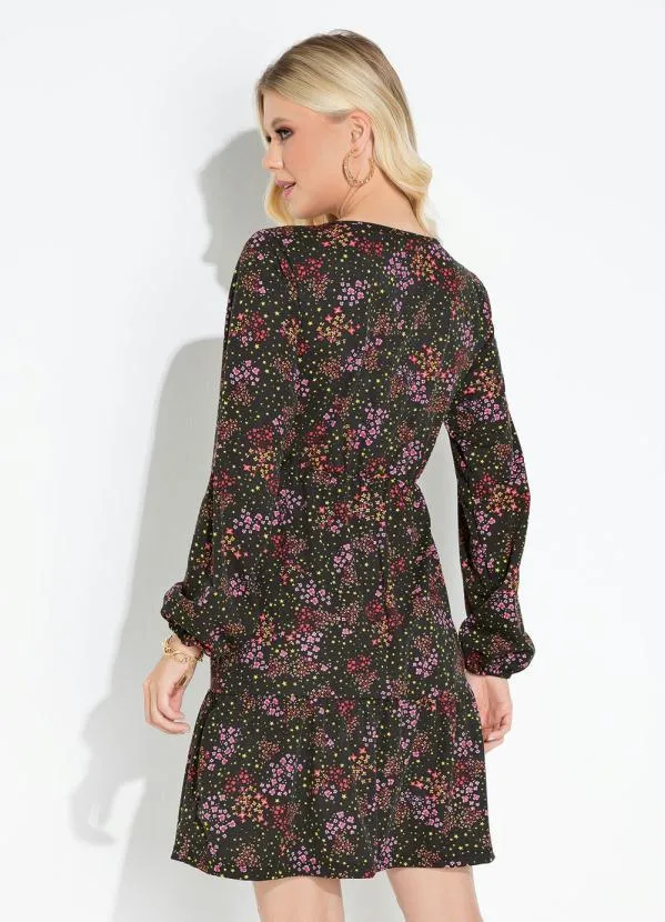 Moda Pop - Vestido Mini Floral com Mangas Longas e Babados 2