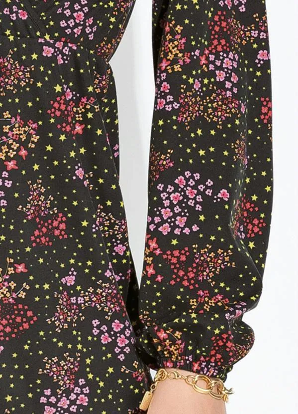 Moda Pop - Vestido Mini Floral com Mangas Longas e Babados 3