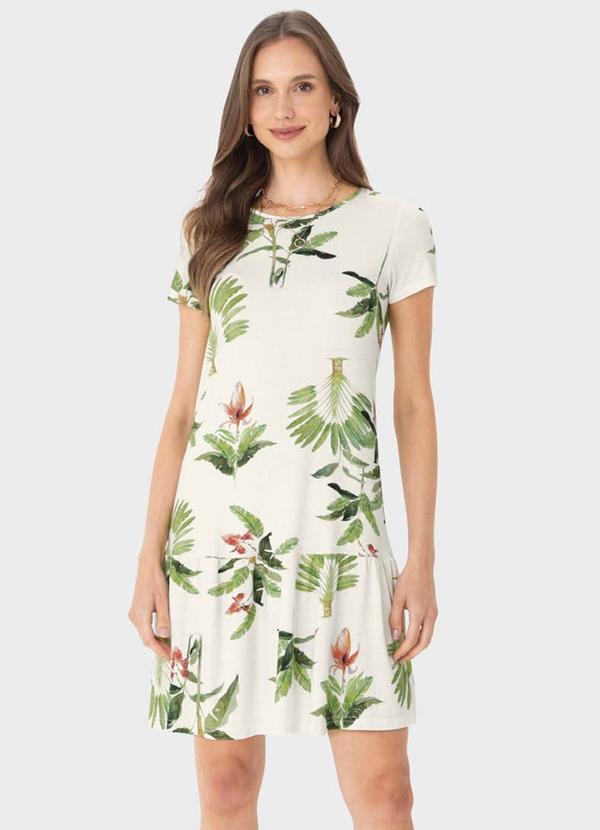 Malwee - Vestido Off White Curto Evasê Tropical