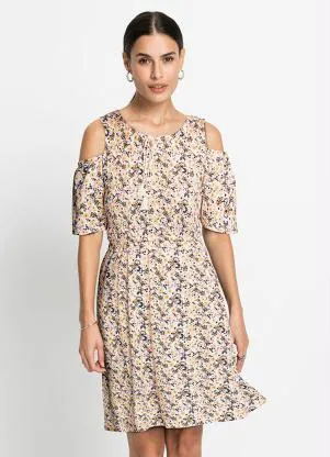 bonprix - Vestido Ombro Vazado Floral Rosa/Laranja - BONPRIX