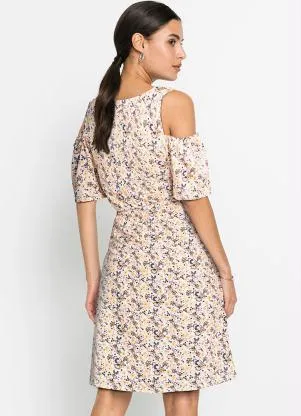 bonprix - Vestido Ombro Vazado Floral Rosa/Laranja - BONPRIX