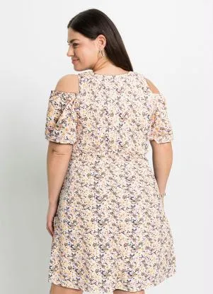 bonprix - Vestido Ombro Vazado Floral Rosa/Laranja - BONPRIX