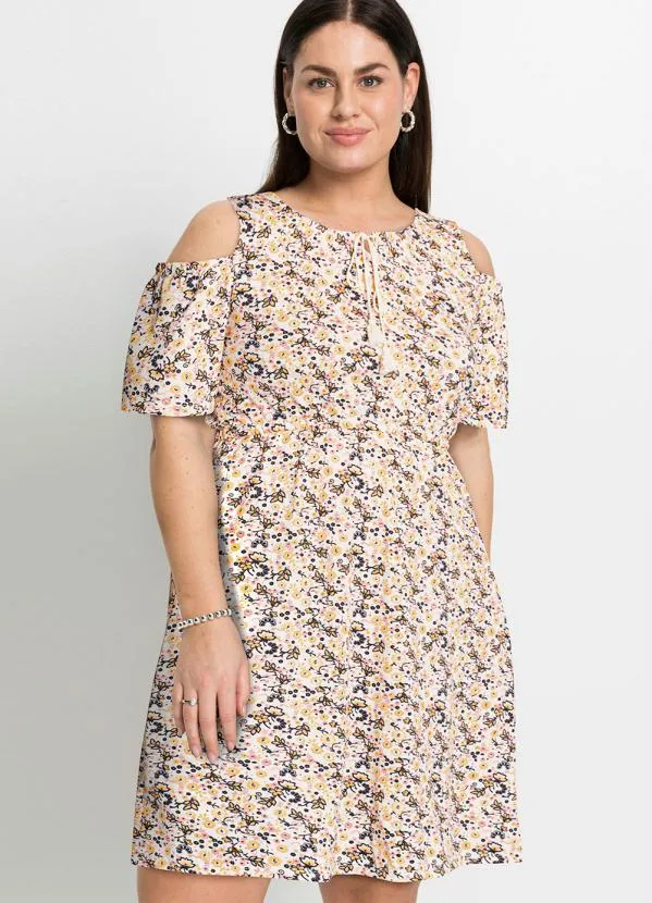 bonprix - Vestido Ombro Vazado Floral Rosa/Laranja 6
