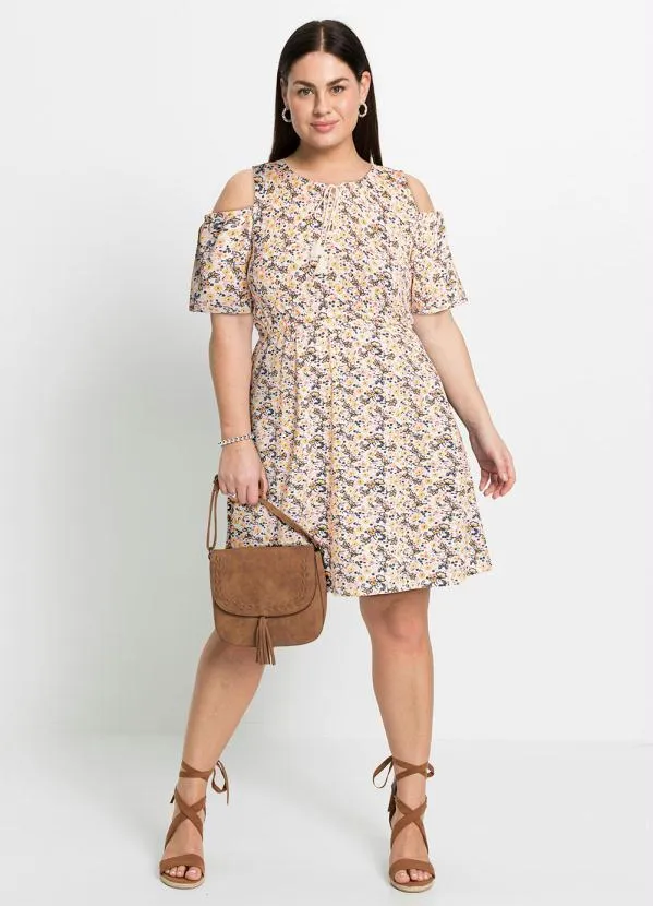 bonprix - Vestido Ombro Vazado Floral Rosa/Laranja 3