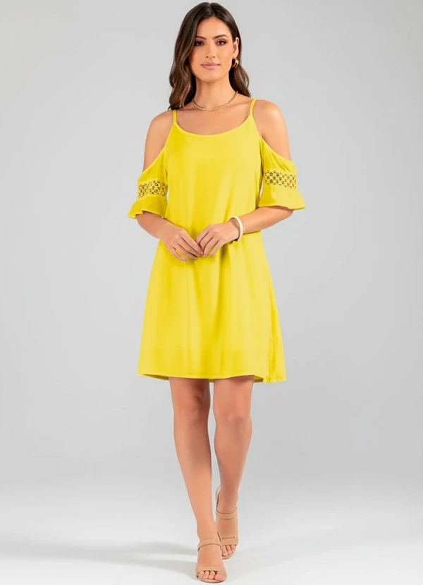 Quintess - Vestido Ombros Vazados com Renda Amarelo 2
