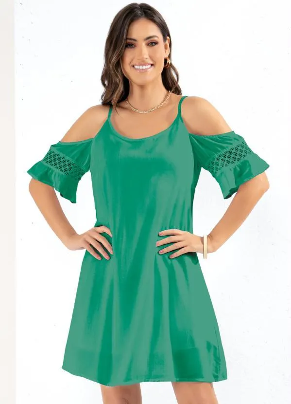 Quintess - Vestido Ombros Vazados com Renda Verde