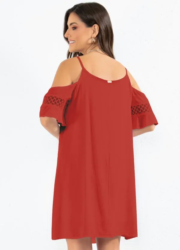 Quintess - Vestido Ombros Vazados com Renda Vermelho 2