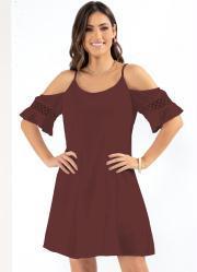 Vestido Ombros Vazados com Renda Vinho