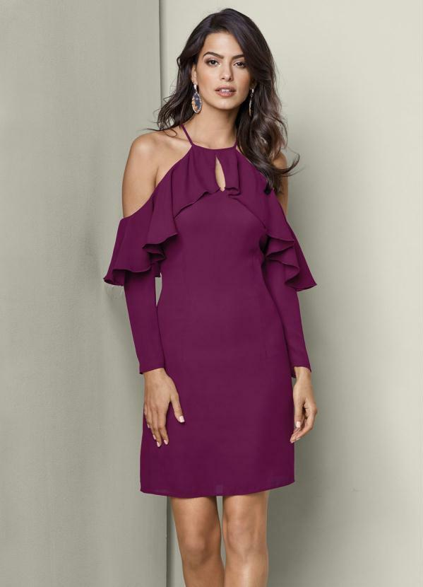 bonprix - Vestido Ombros Vazados e Babados Roxo