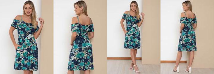Vestido Ombros Vazados Floral Azul com Bolsos