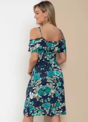 Quintess - Vestido Ombros Vazados Floral Azul com Bolsos - QUINTESS