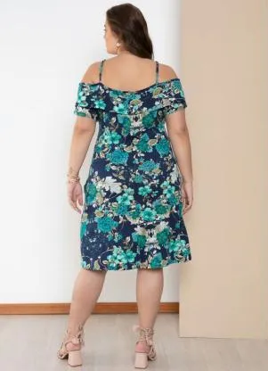Quintess - Vestido Ombros Vazados Floral Azul com Bolsos - QUINTESS