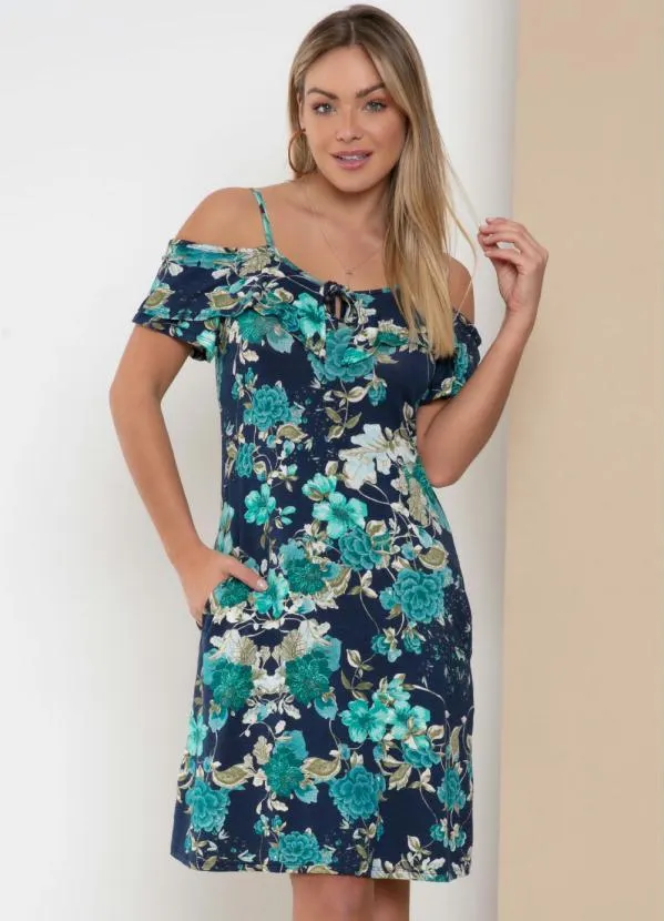 Quintess - Vestido Ombros Vazados Floral Azul com Bolsos