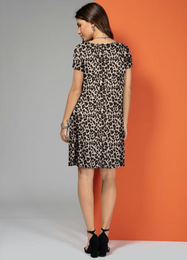 Quintess - Vestido Onça Bege com Bolsos e Mangas Curtas 4