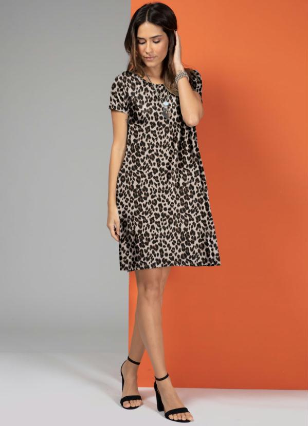 Quintess - Vestido Onça Bege com Bolsos e Mangas Curtas 5