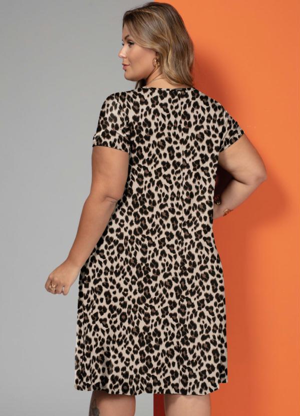 Quintess - Vestido Onça Bege com Bolsos e Mangas Curtas 7