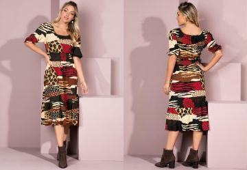 Vestido Ona tnico com Babados e Mangas Curtas