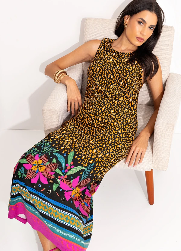 Quintess - Vestido Onça Floral em Malha de Viscose