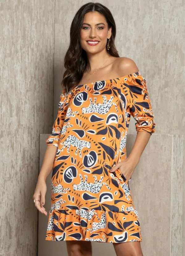 Quintess - Vestido Onça Mostarda com Bolsos