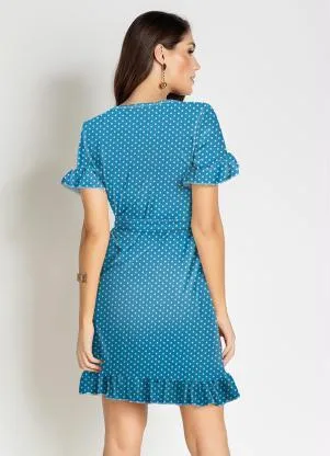 Moda Pop - Vestido Poá Azul com Babado e Faixa - MODA POP