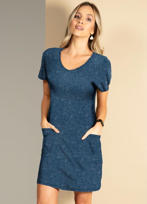 Quintess - Vestido Poá Marinho Soltinho com Bolsos