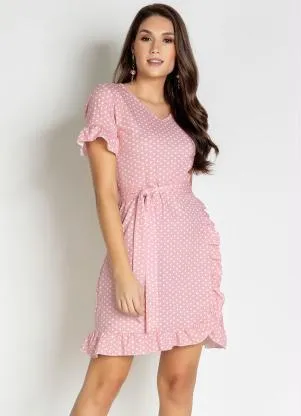 Moda Pop - Vestido Poá Rosê com Babado e Faixa - MODA POP