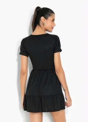 Moda Pop - Vestido Preta com Babados e Mangas Bufantes - MODA POP