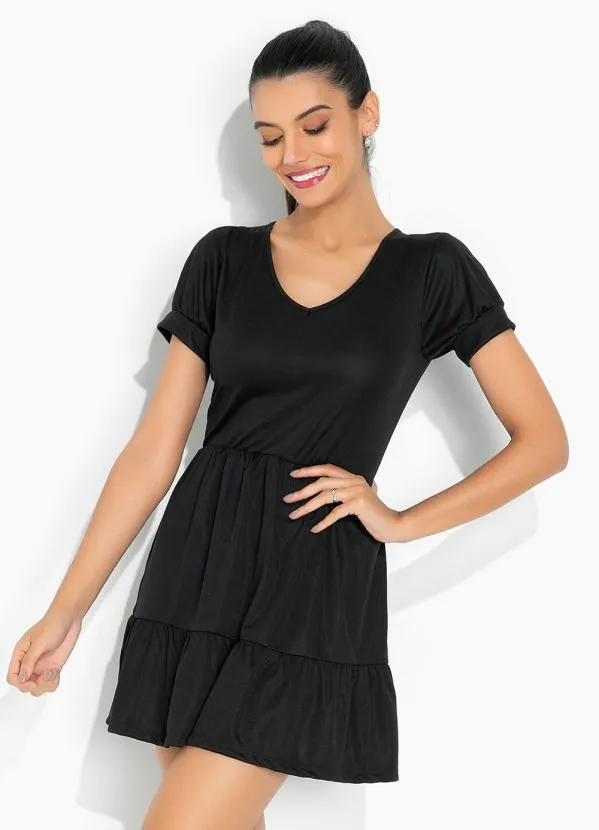 Moda Pop - Vestido Preta com Babados e Mangas Bufantes