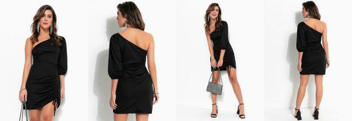 Vestido Preta de um Ombro S com Franzido