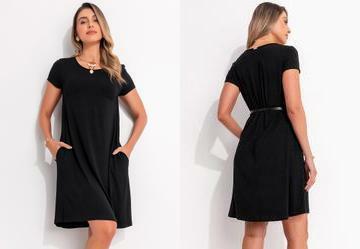 Vestido Preto com Bolsos e Mangas Curtas