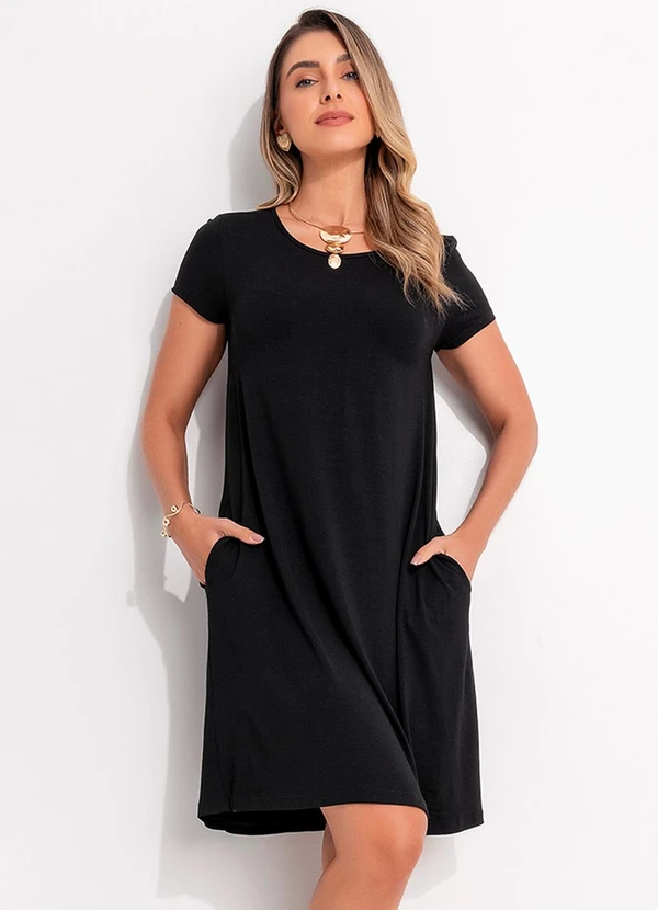 Quintess - Vestido Preto com Bolsos e Mangas Curtas
