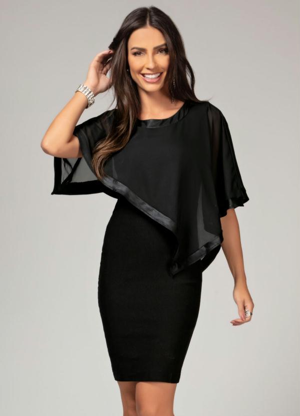 Quintess - Vestido Preto com Sobreposição e Transparência