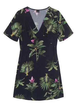 Malwee - Vestido Preto Curto Evasê Tropical - MALWEE