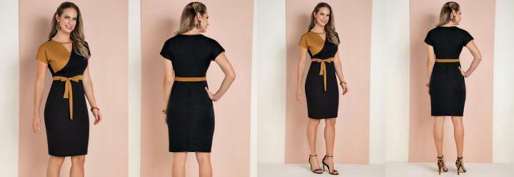 Vestido Preto e Caramelo com Transpasse e Faixa
