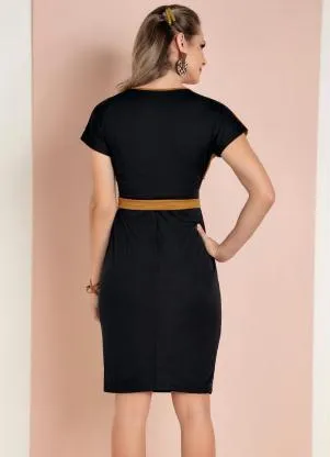 Moda Pop - Vestido Preto e Caramelo com Transpasse e Faixa - MODA POP
